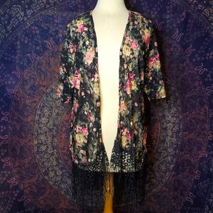Sweet Rain Black Floral Lace Short Sleeve Cover-up Womens Size Large.